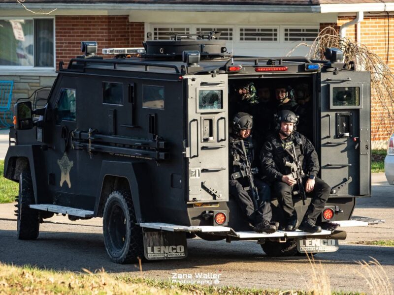 An armored vehicle from the Clermont County Sheriff's Office is scene at a SWAT raid.