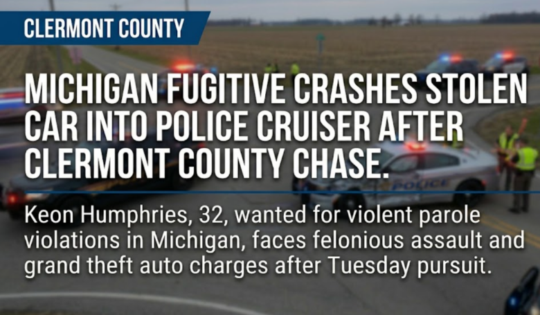Michigan fugitive crashes stolen car into Clermont County police cruiser after leading officers on chase; one officer hurt