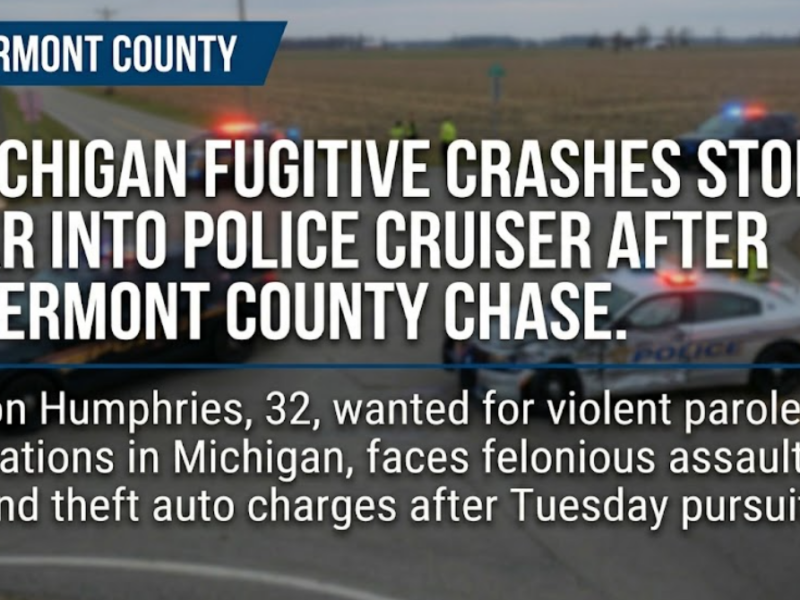 Michigan fugitive crashes stolen car into Clermont County police cruiser after leading officers on chase; one officer hurt