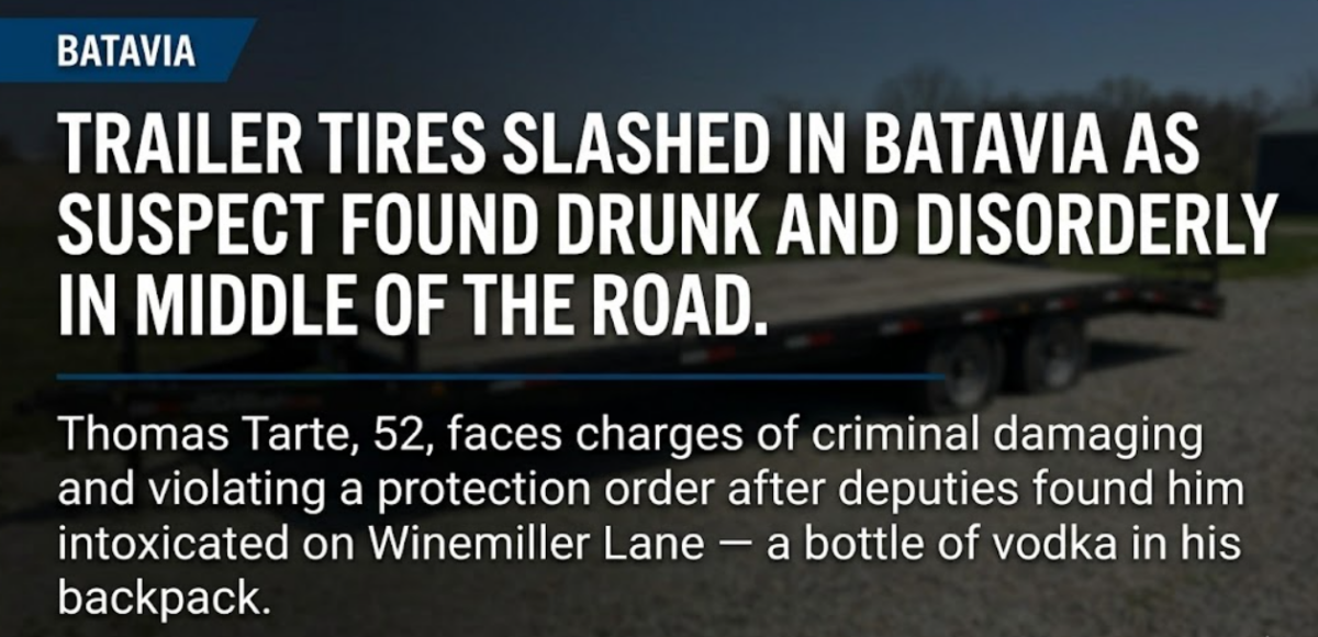 Trailer tires slashed in Batavia, suspect found drunk in road