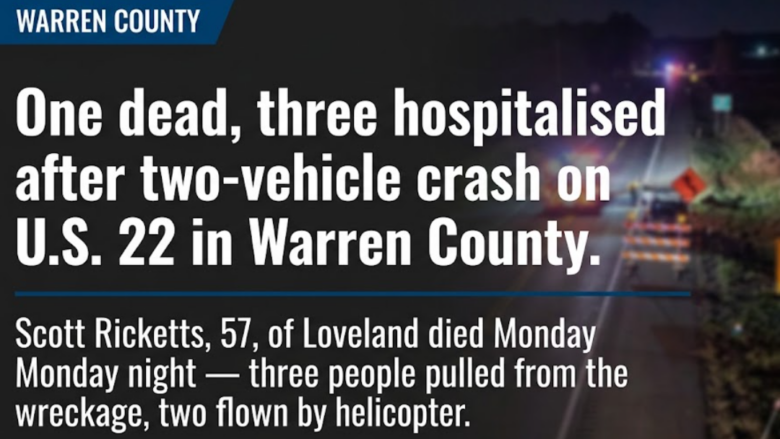 One dead, three hospitalised after two-vehicle crash on U.S. 22 in Warren County