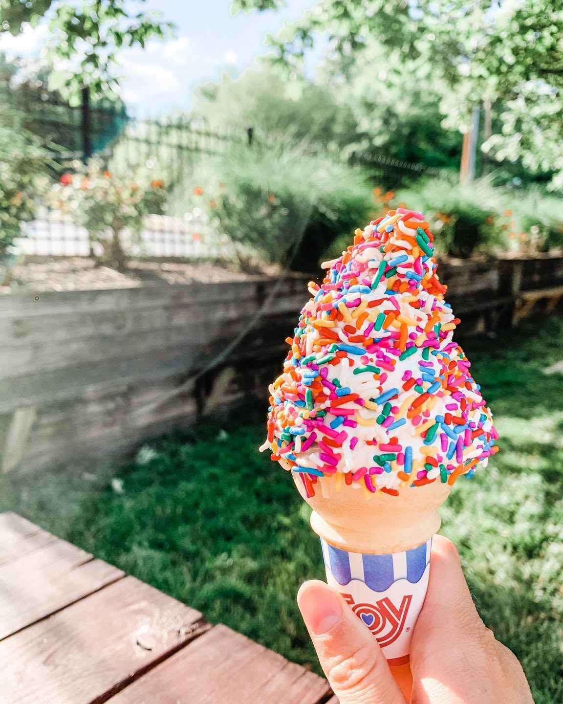 Sprinkle-covered soft serve cone at Loveland Dairy Whip