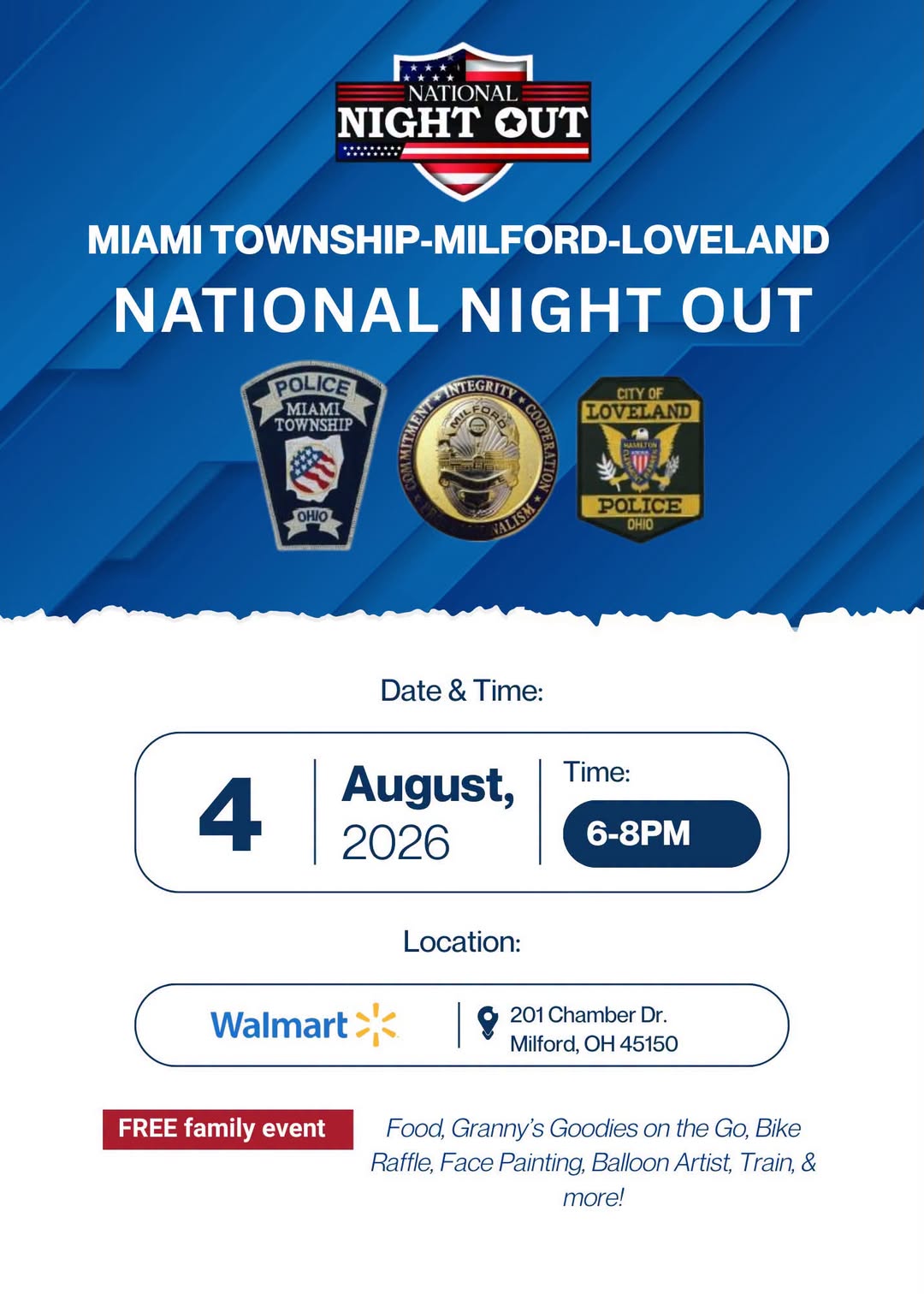 National Night Out 2026 flyer for Miami Township, Milford and Loveland