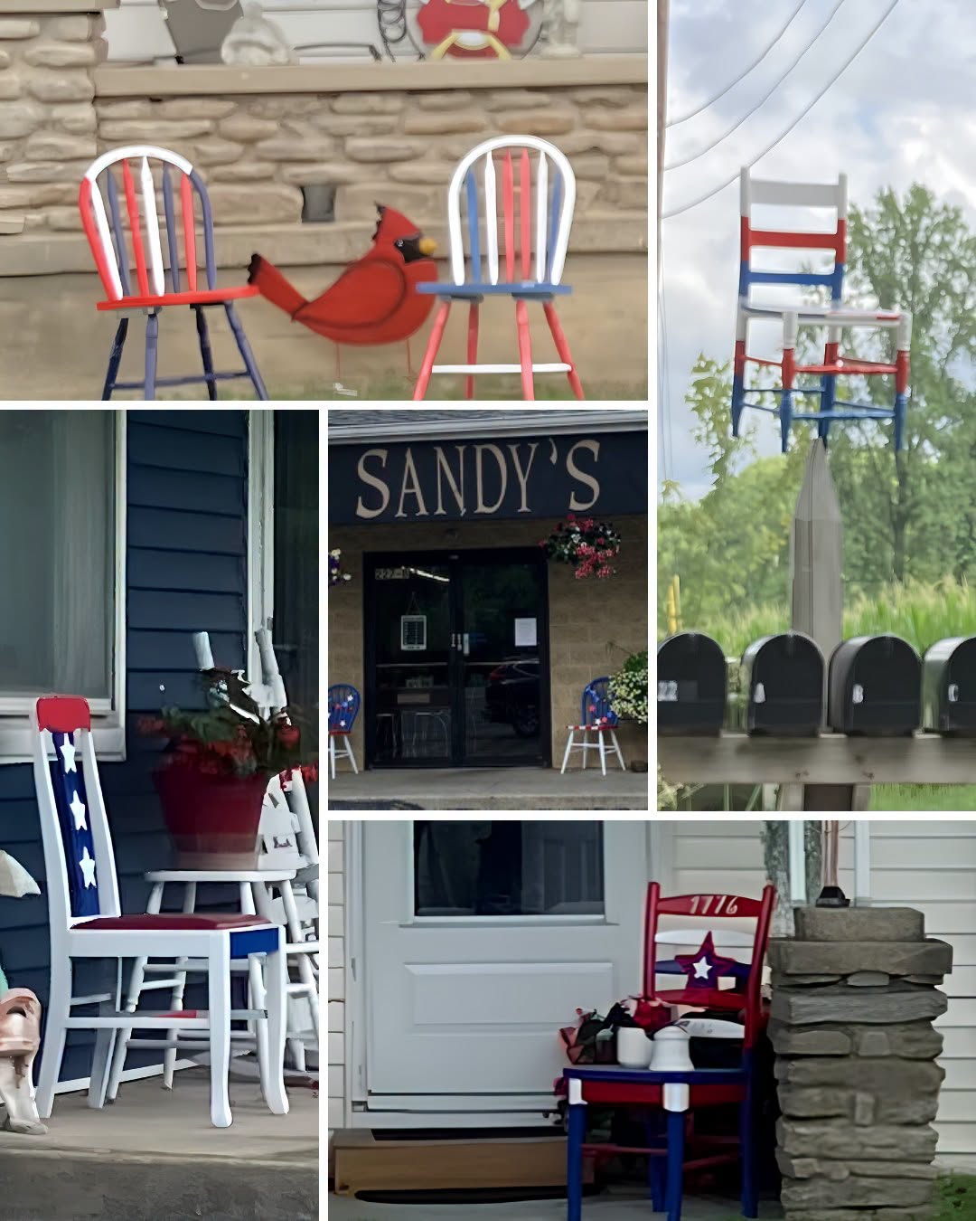 Resident-painted patriotic chairs decorate homes and businesses in Owensville