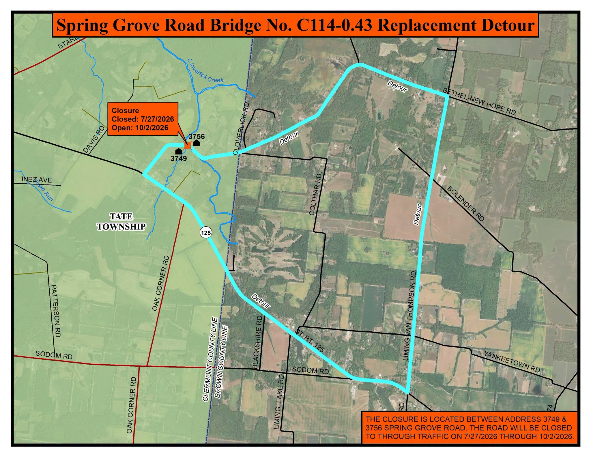 Spring Grove Road bridge replacement detour map in Tate Township