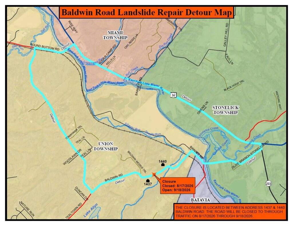 Baldwin Road landslide repair detour map