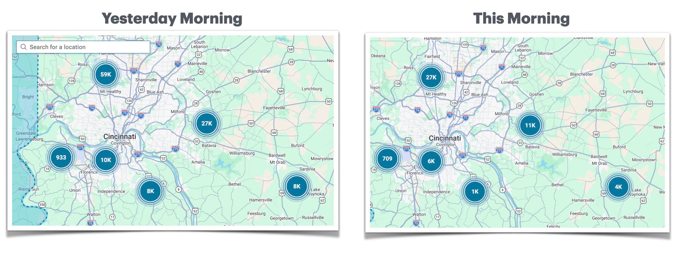 Duke Energy outage map shows Batavia-area outages falling from 27,000 to 11,000