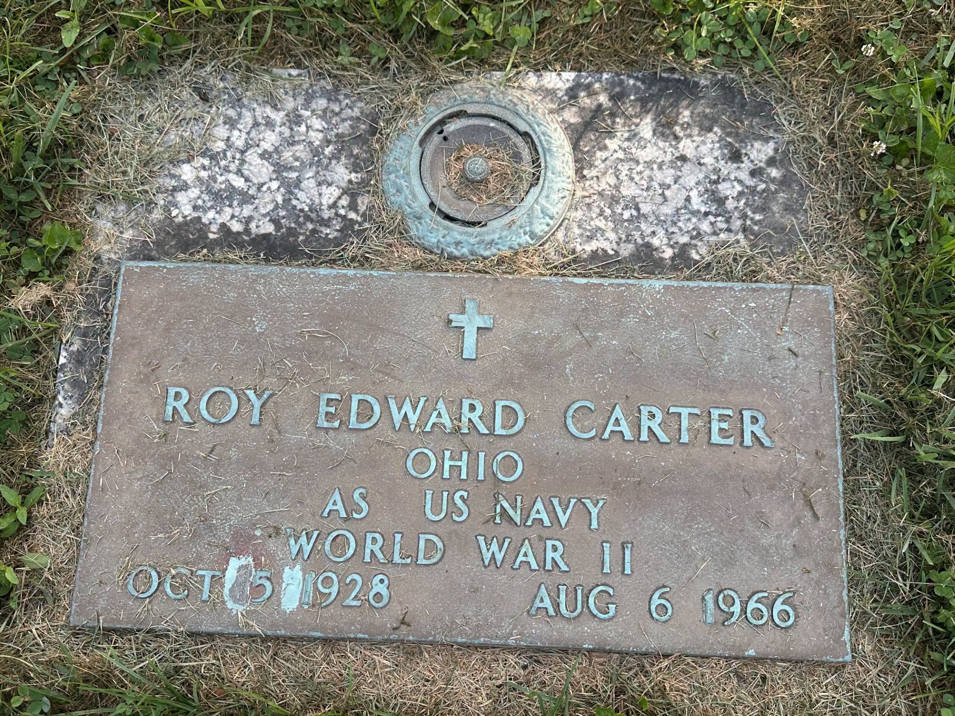 Constable Roy Carter's grave marker notes his Navy service in World War II