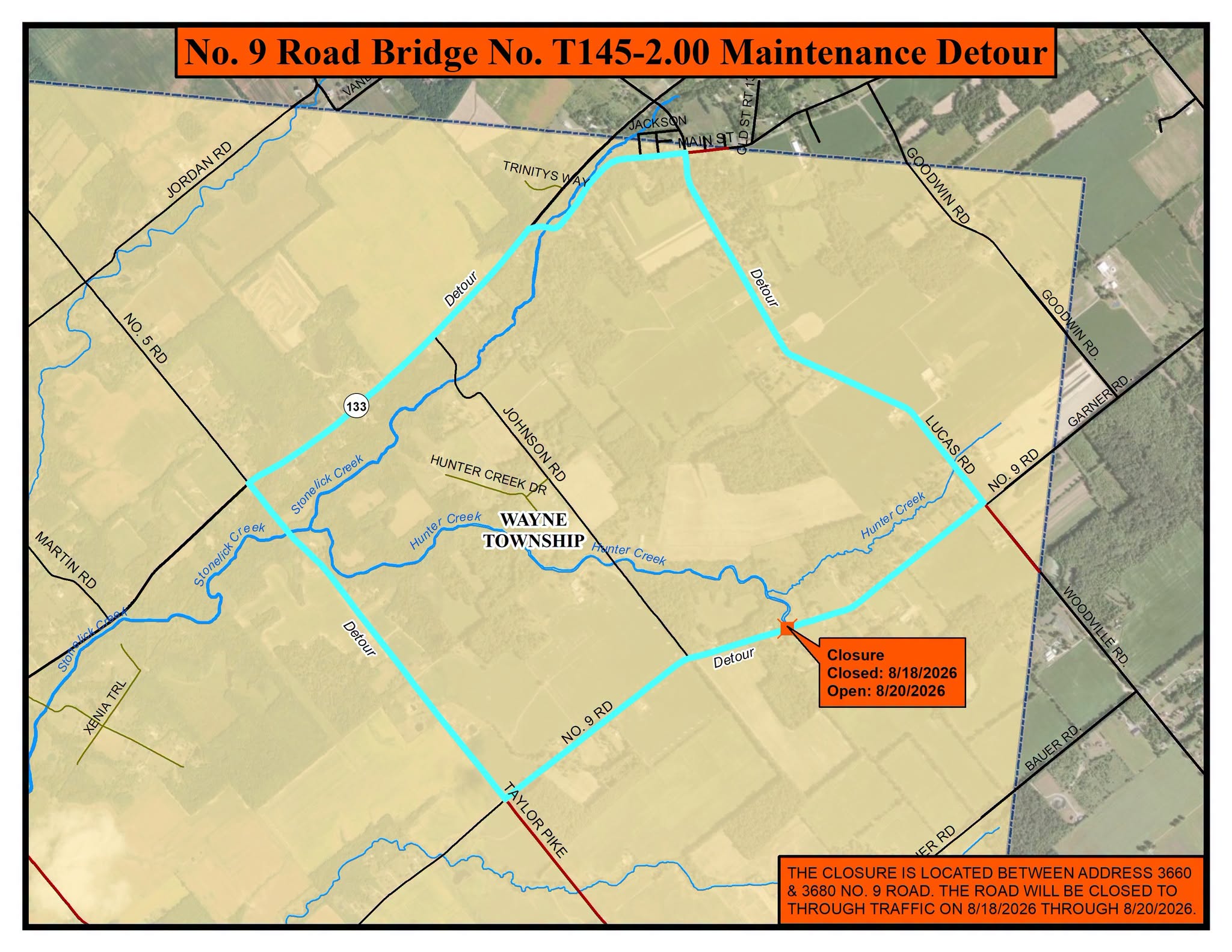 No. 9 Road bridge maintenance detour map in Wayne Township