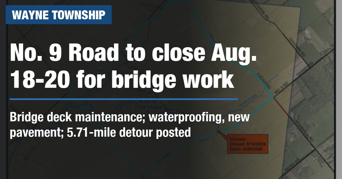 No. 9 Road to close Aug. 18-20 for bridge work