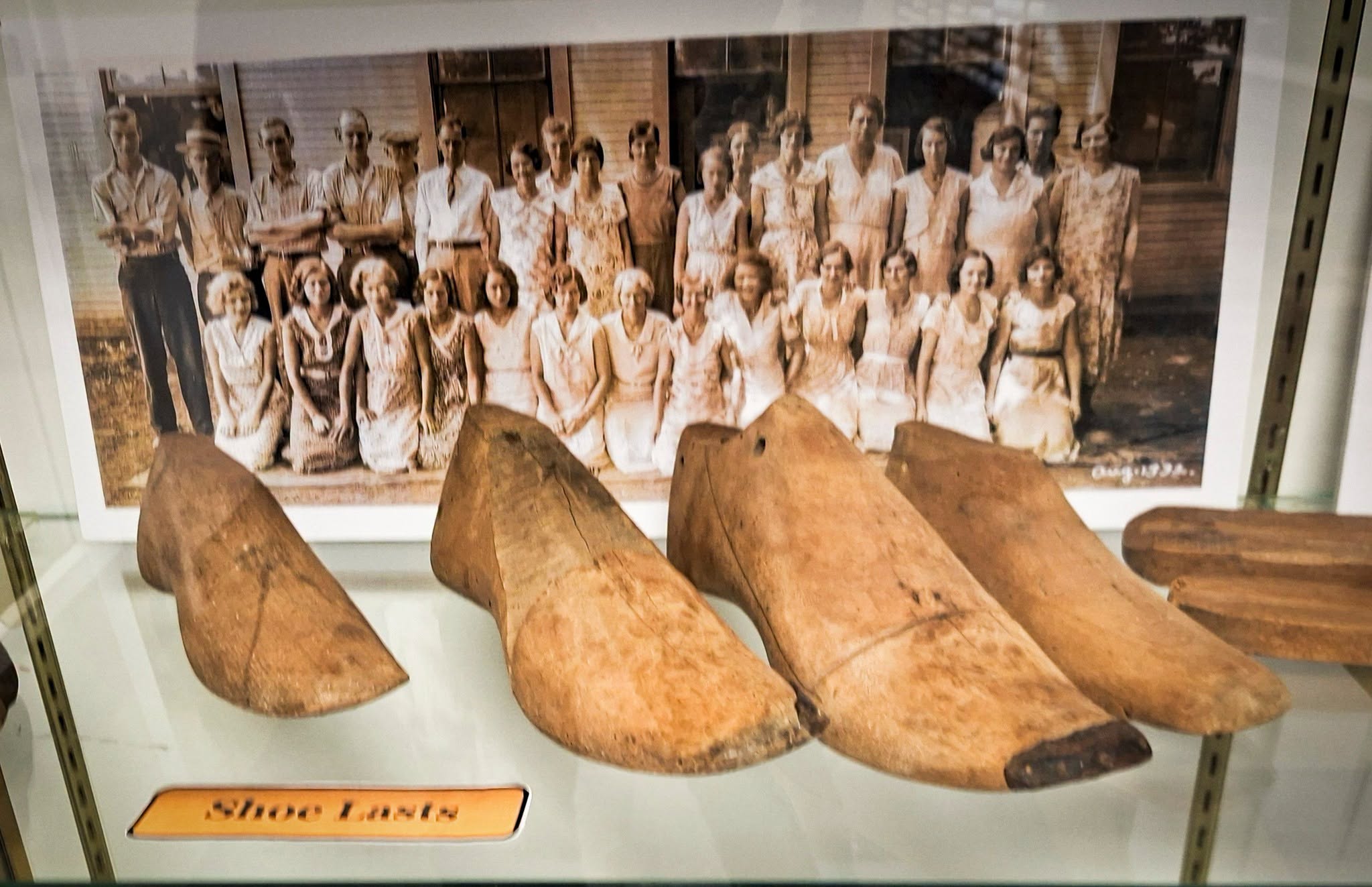 Wooden shoe lasts from the P. Sullivan Shoe Co. on display at the county administration building