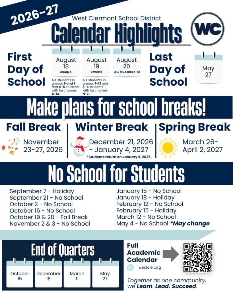 West Clermont 2026-27 school year calendar highlights