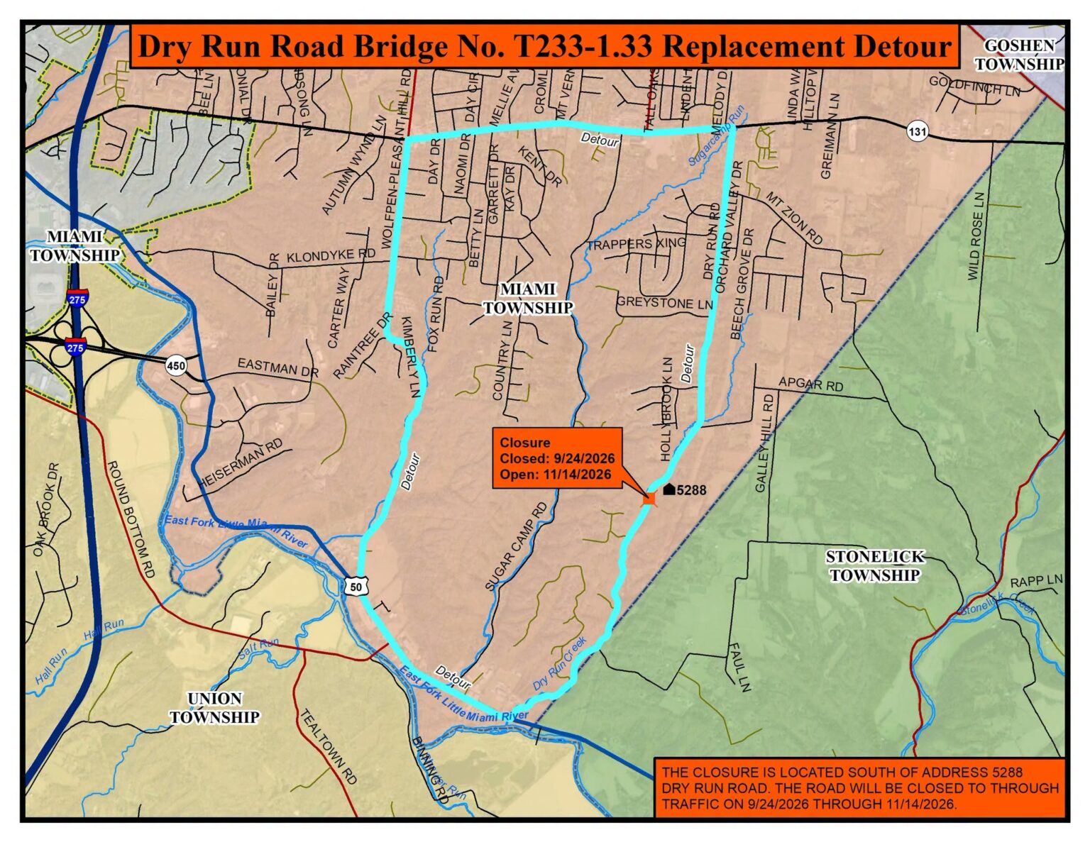 Detour map for Dry Run Road bridge closure
