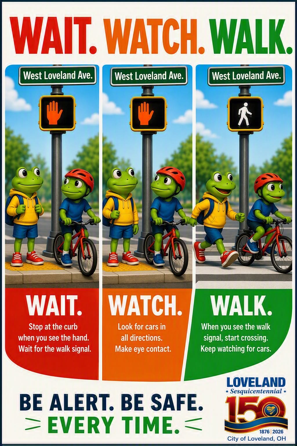 Wait, watch, walk safety graphic for Loveland trail crossing