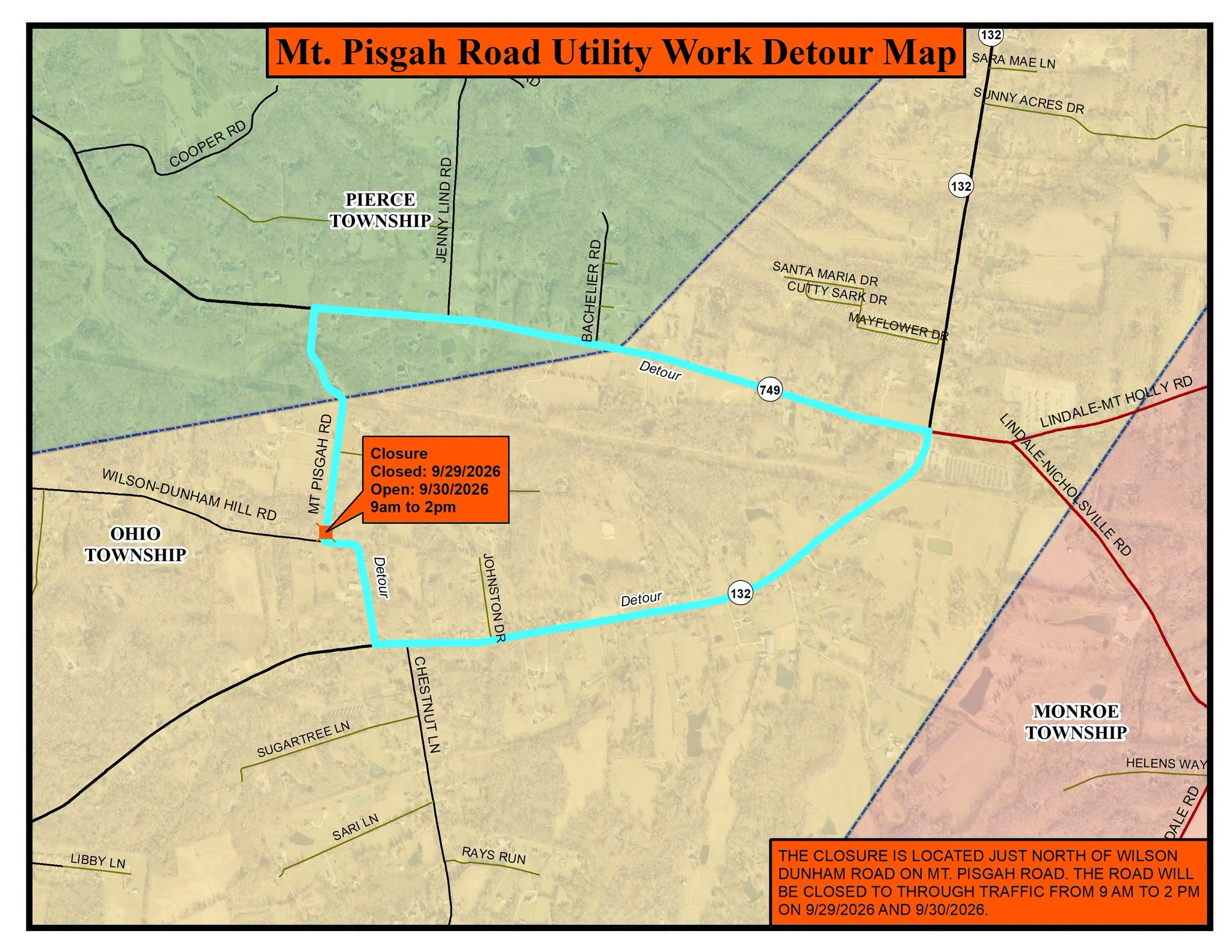 Detour map for Mt. Pisgah Road utility closure