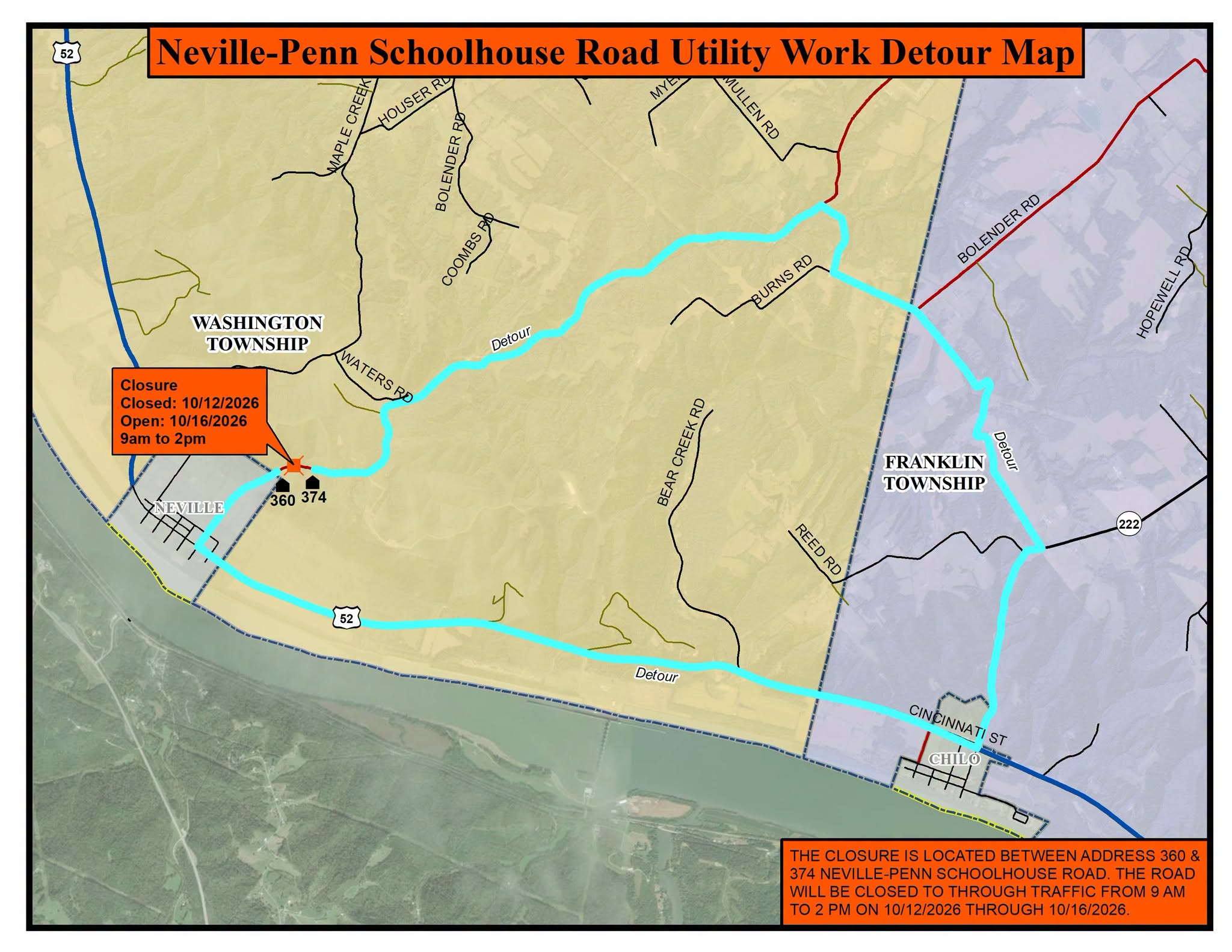 Neville-Penn Schoolhouse Road detour map