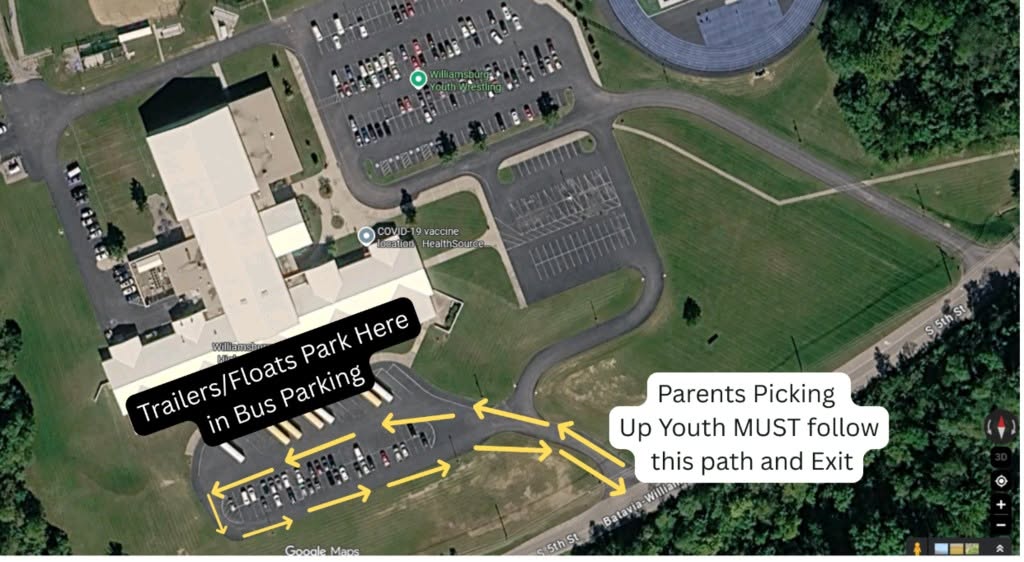 Map shows Williamsburg parade trailer parking, pickup route