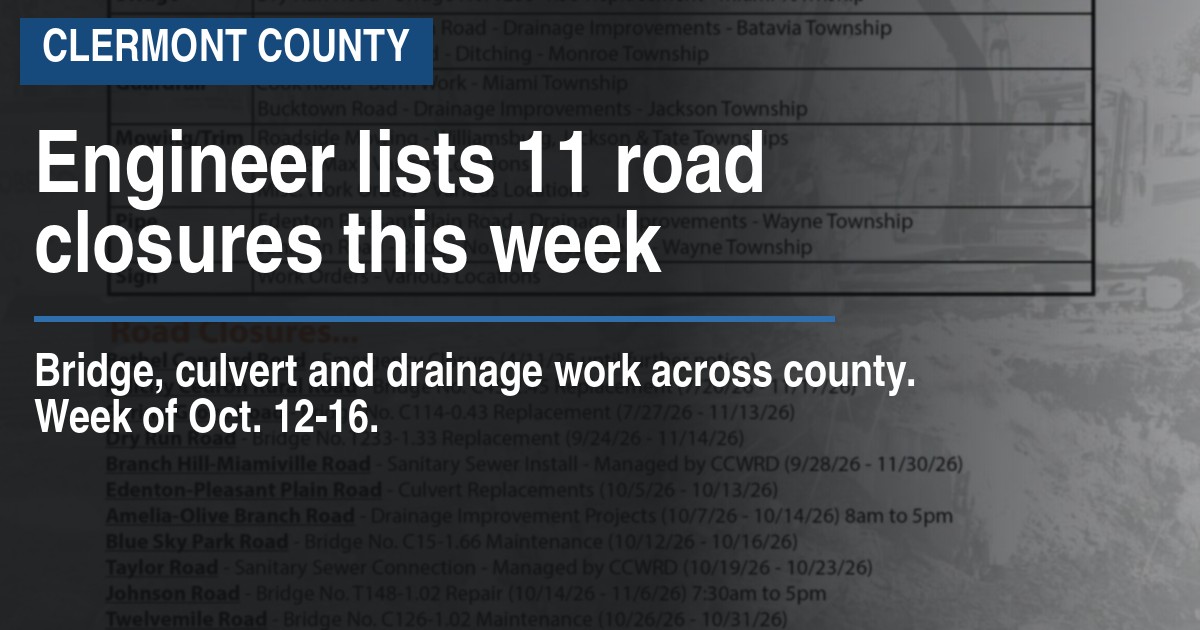 Engineer lists 11 road closures this week