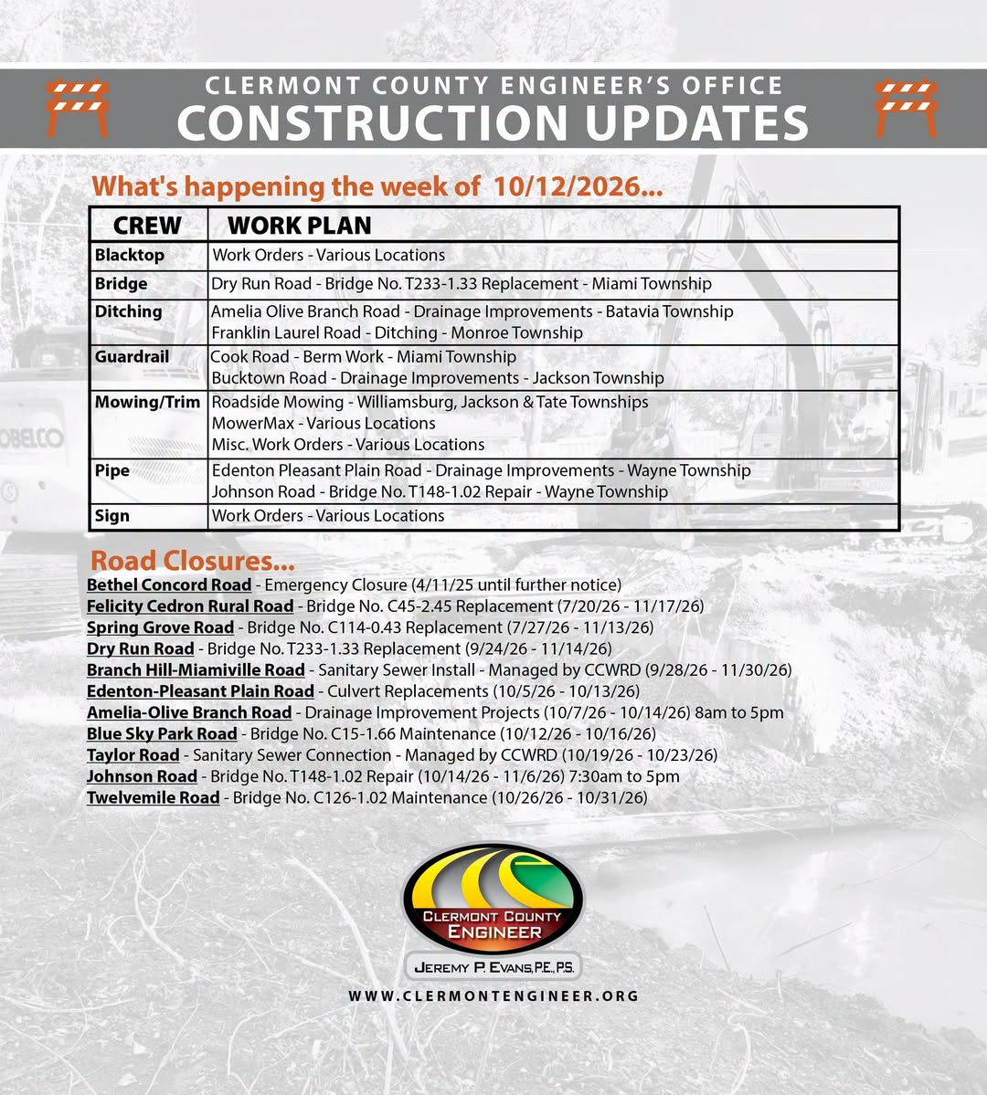 Clermont County road closures for week of Oct. 12