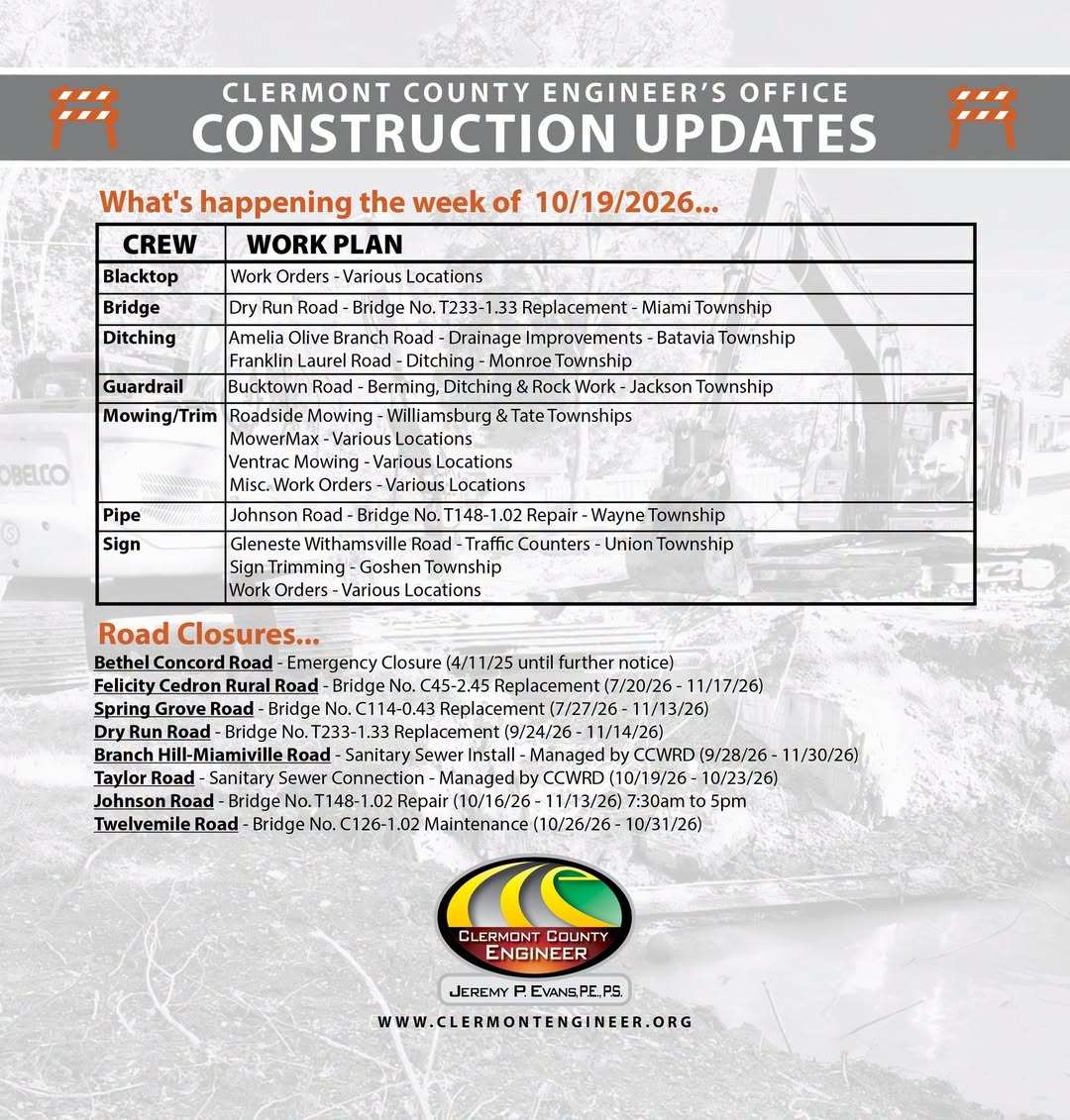 Clermont County road closures for week of Oct. 19