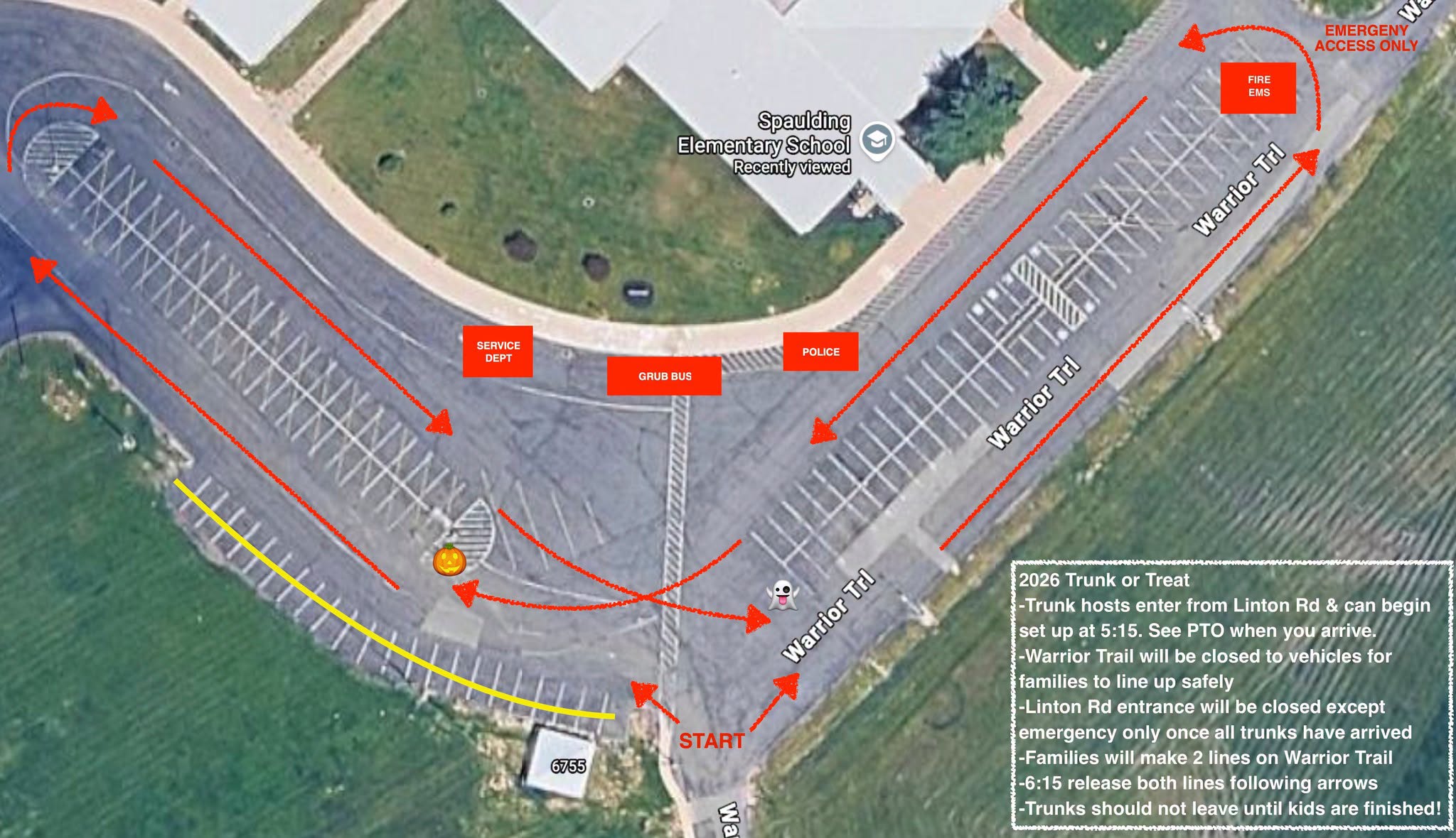 Goshen PTO Trunk or Treat parking and route map