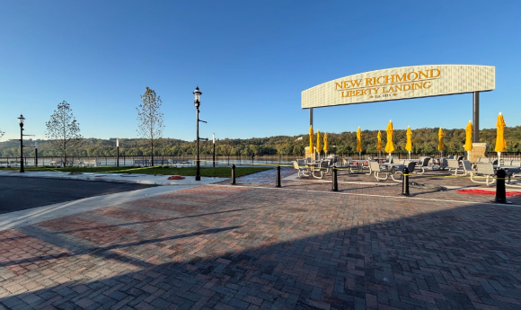 The Liberty Landing arched entry sign in New Richmond