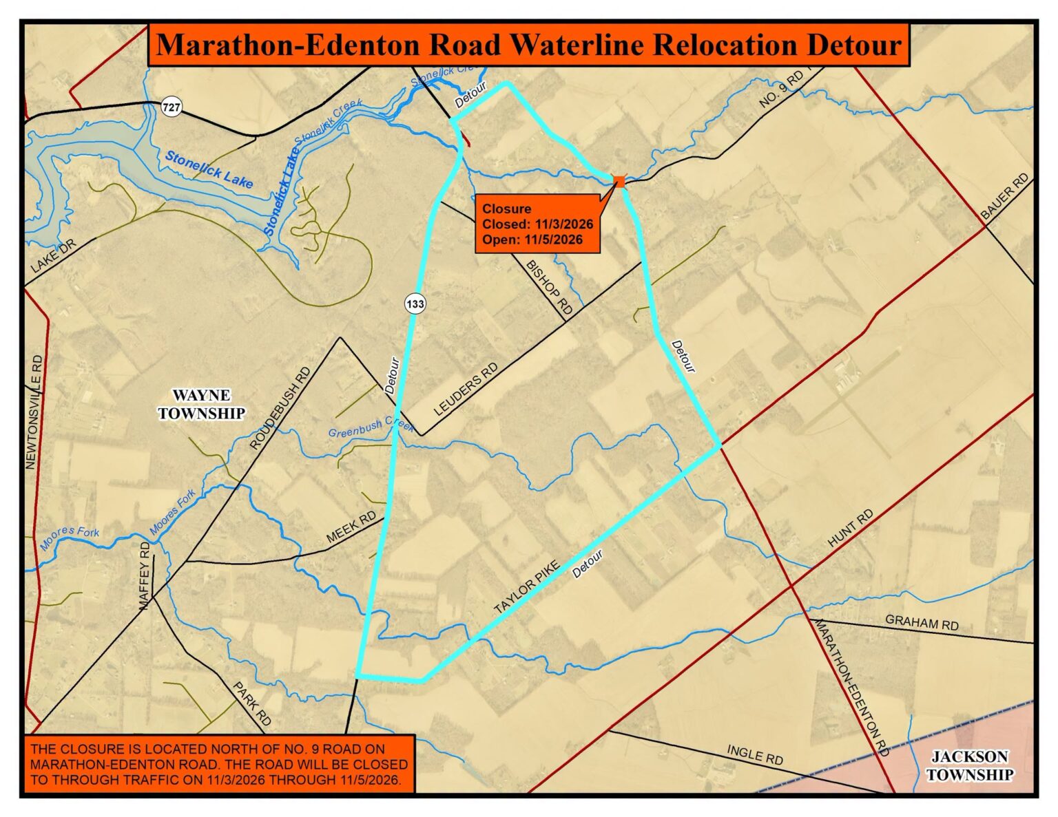 Marathon-Edenton Road waterline relocation detour map